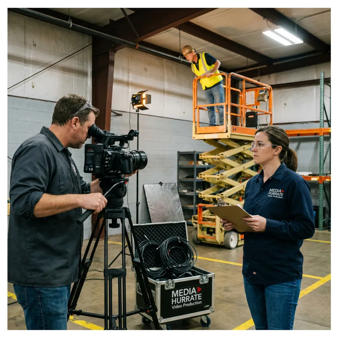 Production team filming scissor lift safety training