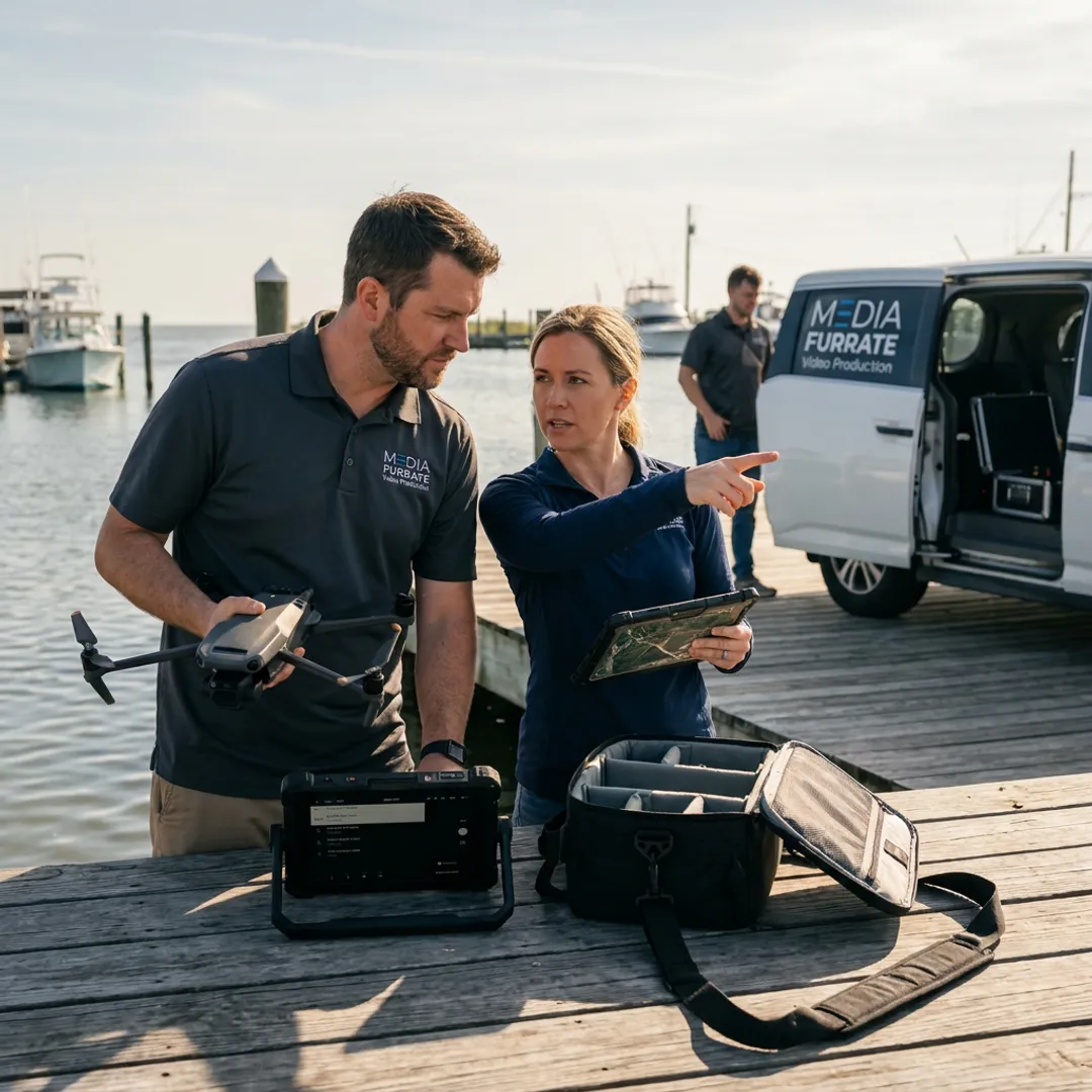Drone operator planning yacht aerial video shoot