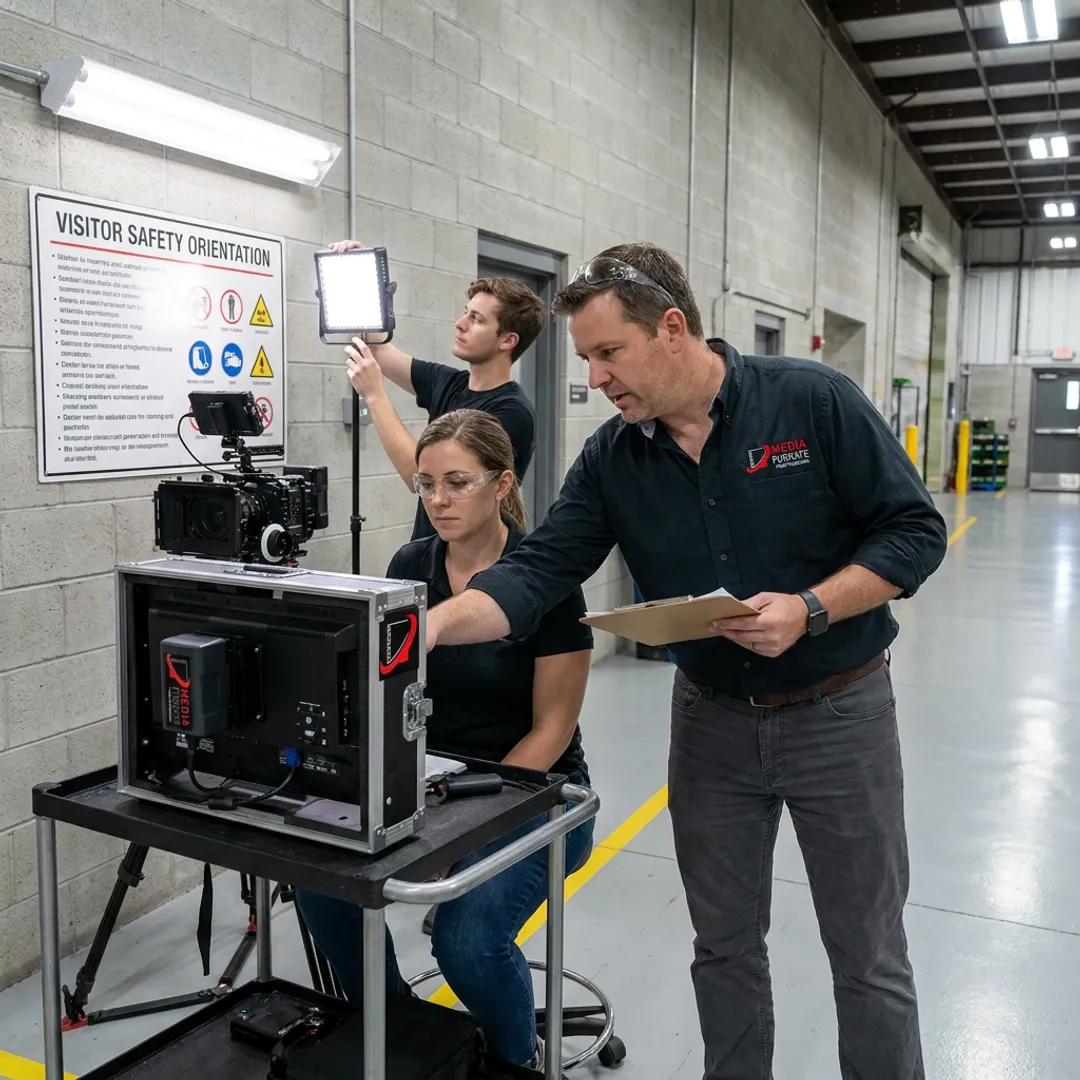 Producer reviewing safety video footage on set