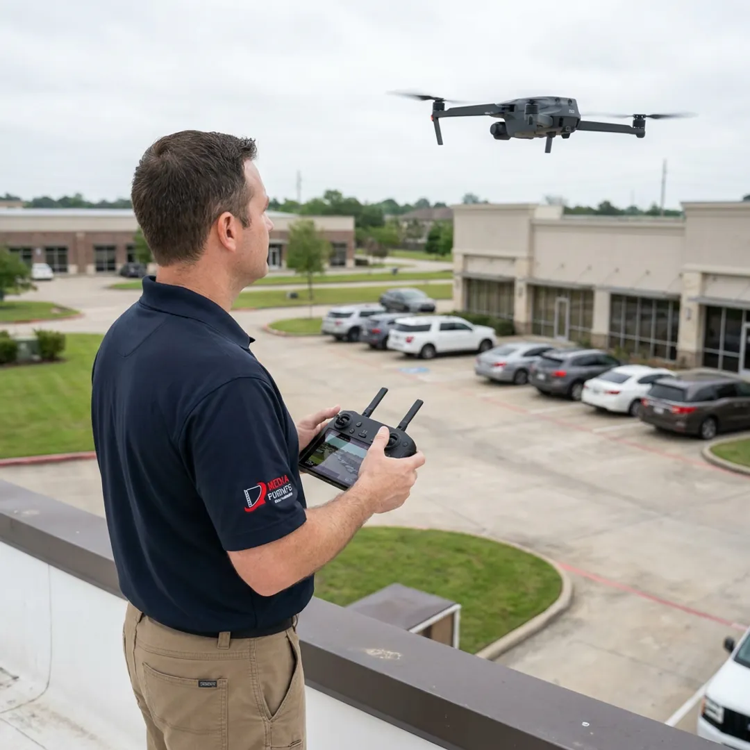 Drone capturing aerial footage of a commercial property