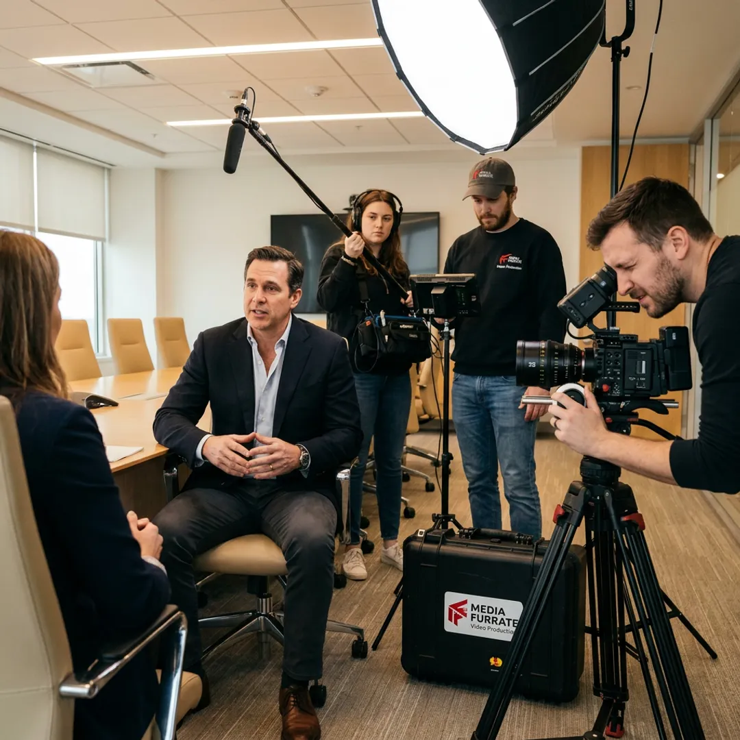 Narrative video production crew filming an interview