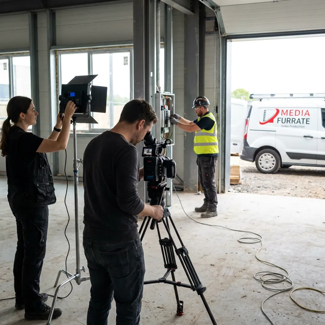 Video crew filming an electrical contractor at work