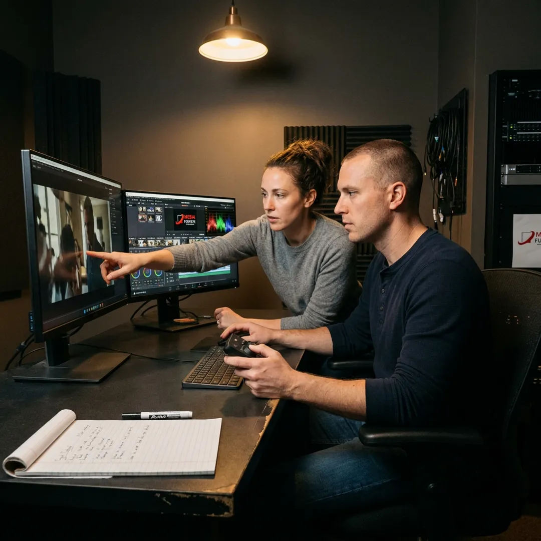 Production team reviewing electrical company video footage