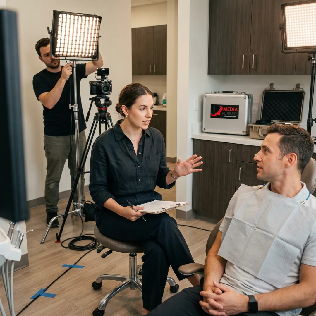 Video crew interviewing a dental patient