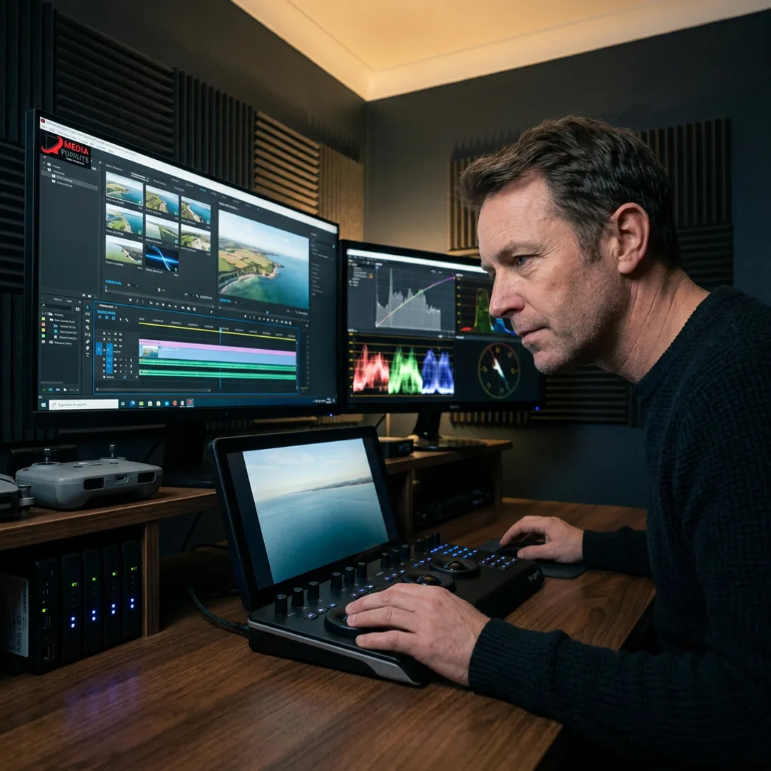 Drone footage editing workflow on screen