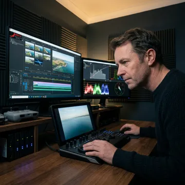 Drone footage editing workflow on screen