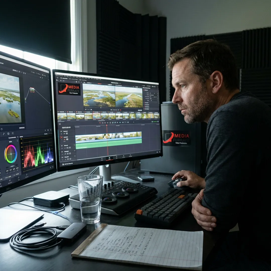 Drone video editor working on aerial footage