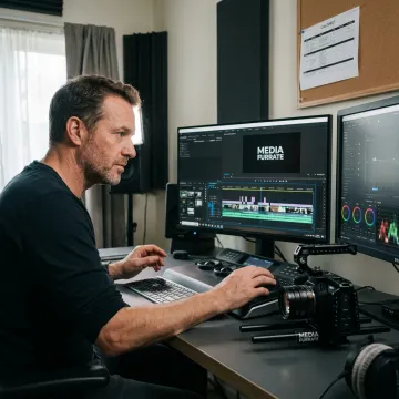 Producer reviewing event video footage during editing