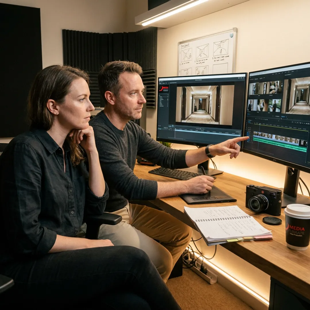 Video team reviewing hospitality production footage