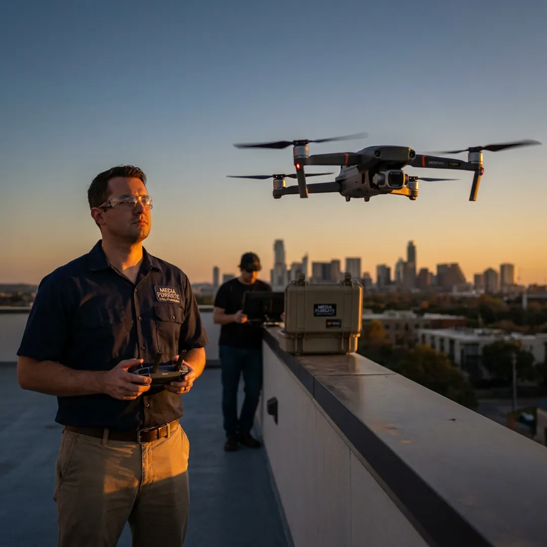 Drone capturing aerial video over Austin commercial property