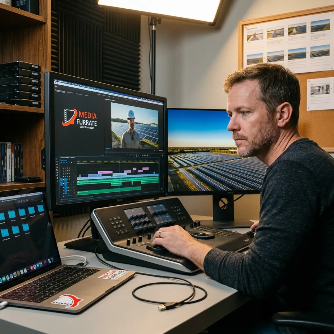 Producer reviewing solar video footage with editor