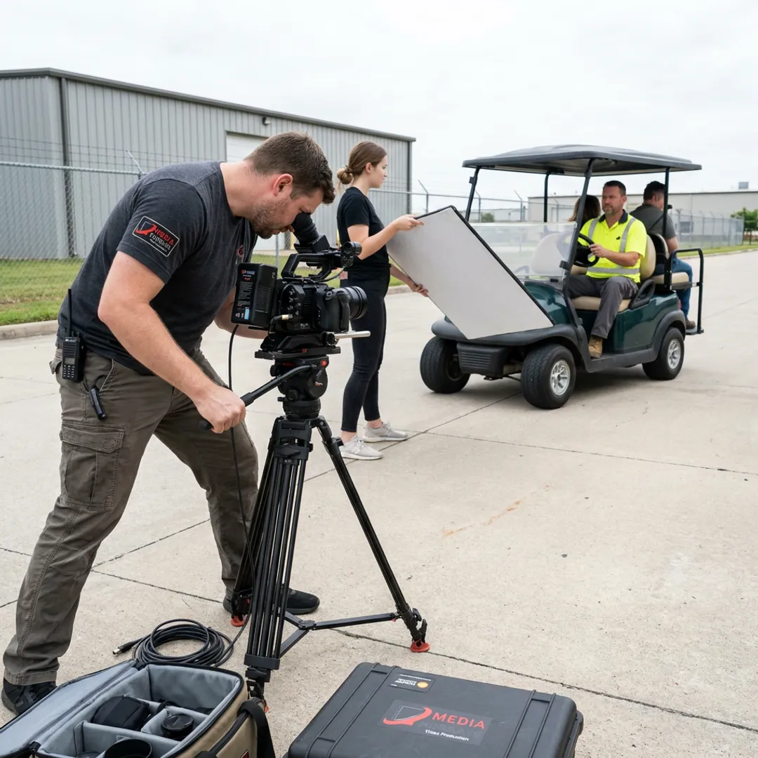 Crew filming golf cart safety procedure