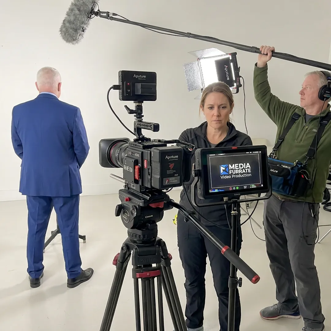 Professional video production crew filming on location
