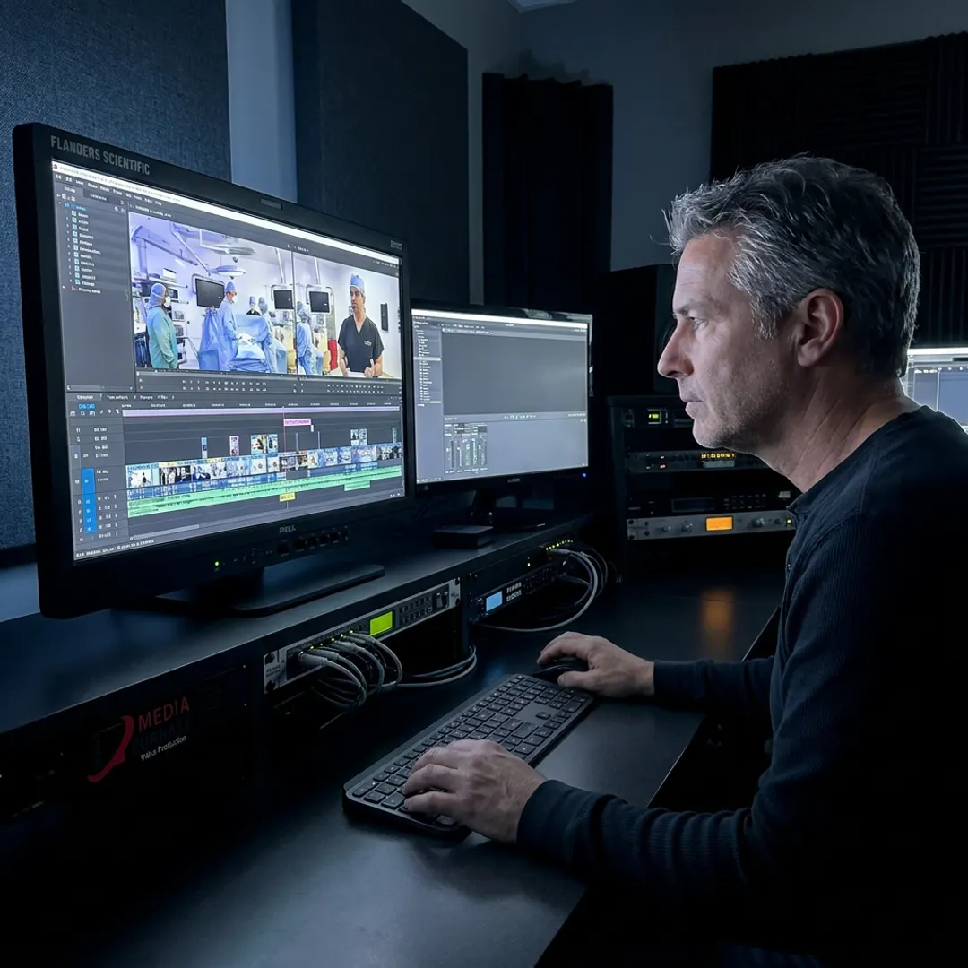 Video editor reviewing healthcare footage