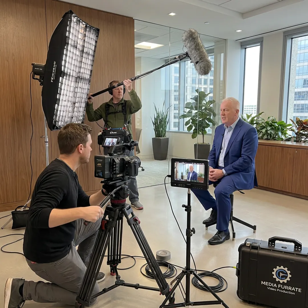 Professional video production crew filming a business interview