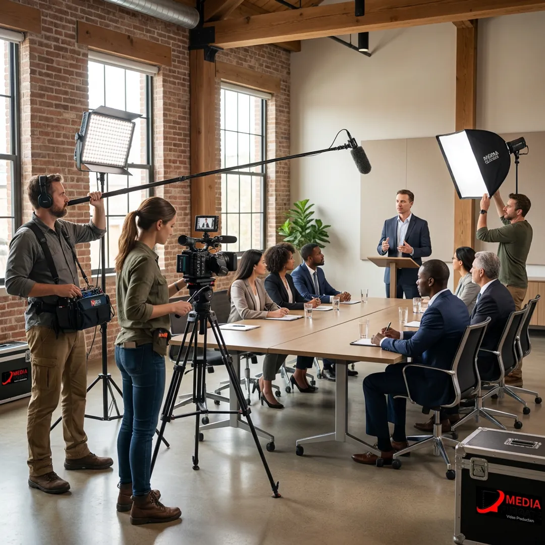 Corporate event video crew filming a conference