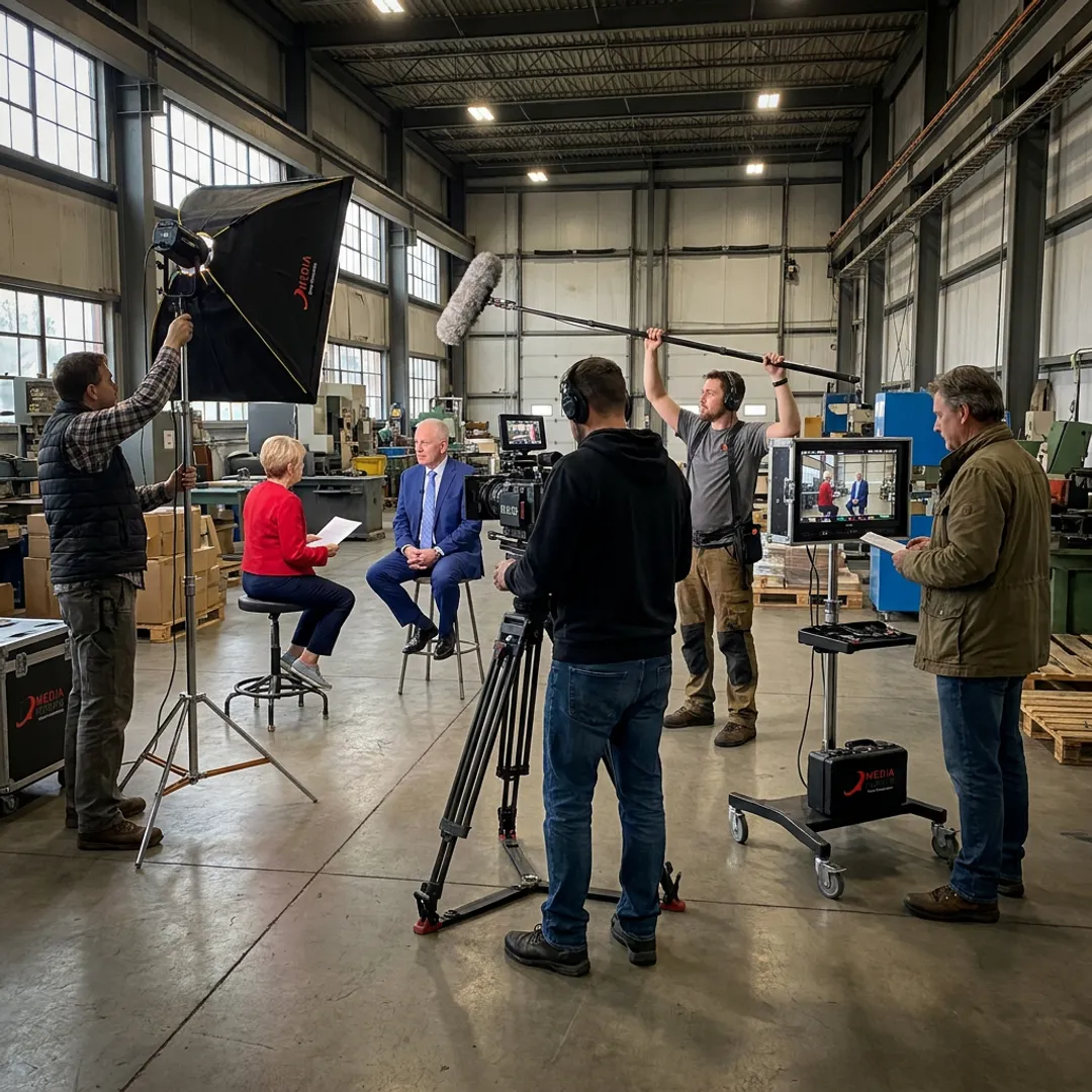 Video production crew filming an interview on location