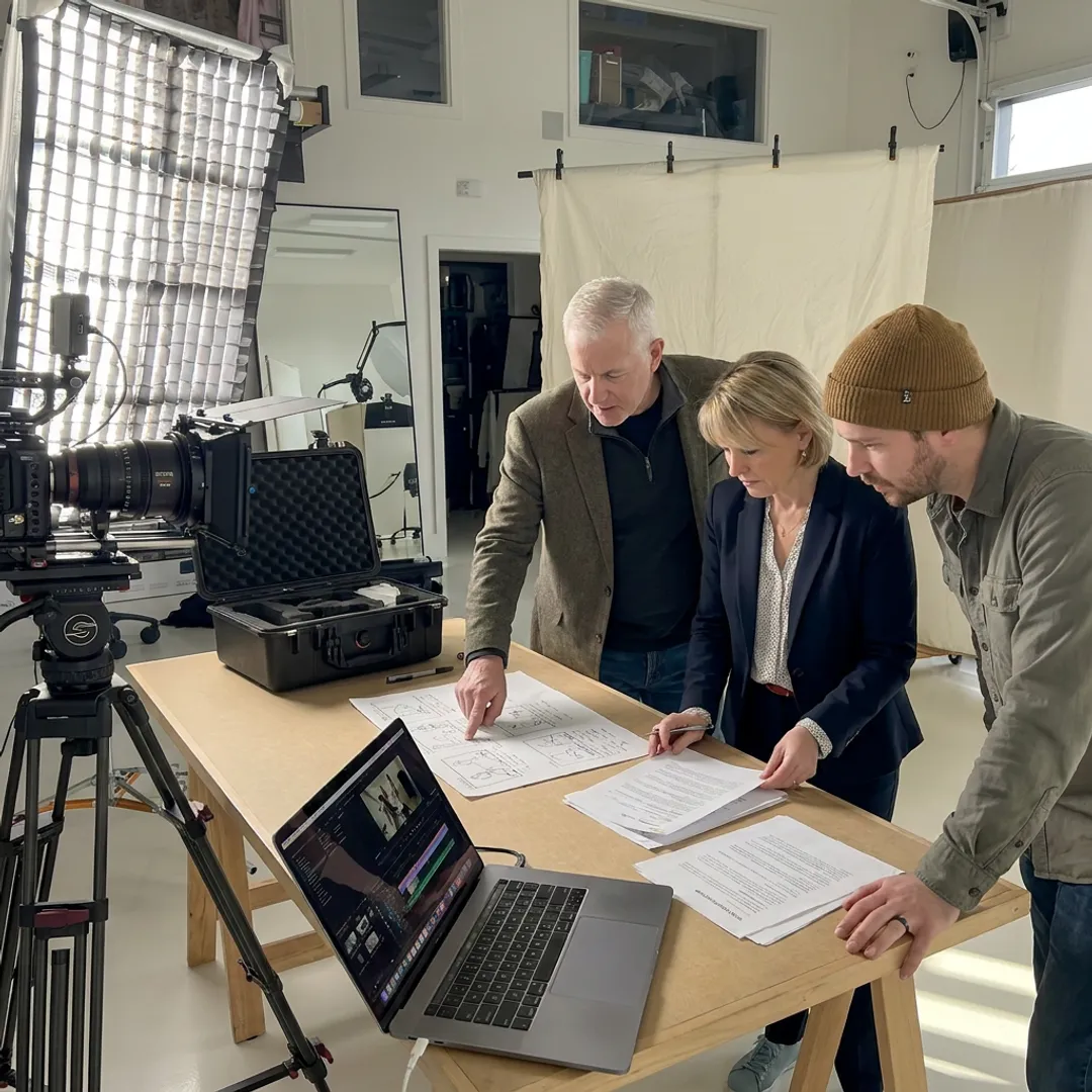 Video production team planning a shoot