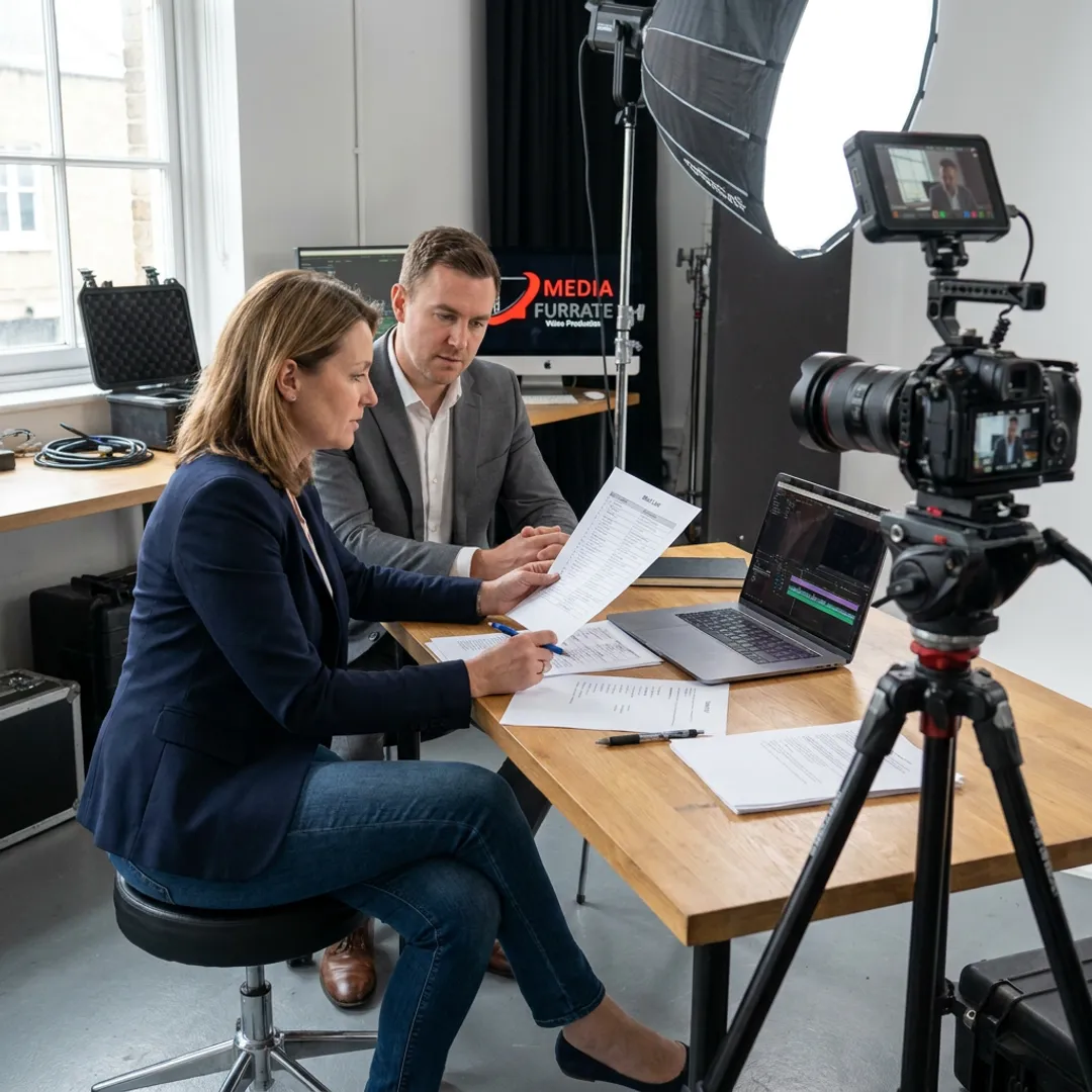 Video production planning session with crew and client