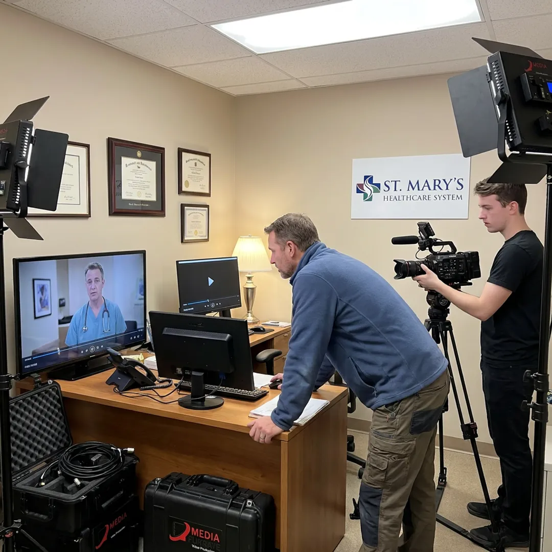 Healthcare video production team reviewing footage