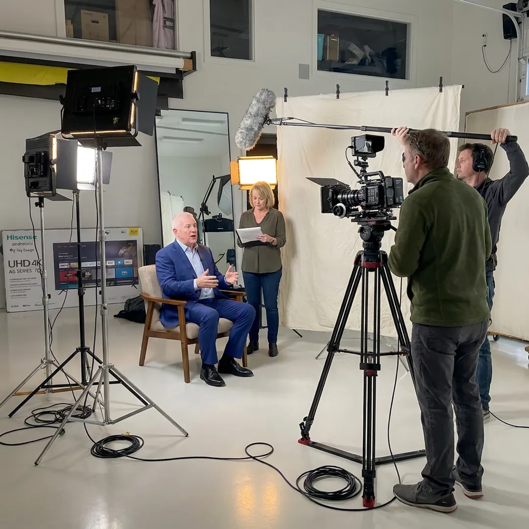 Corporate video production crew filming an interview