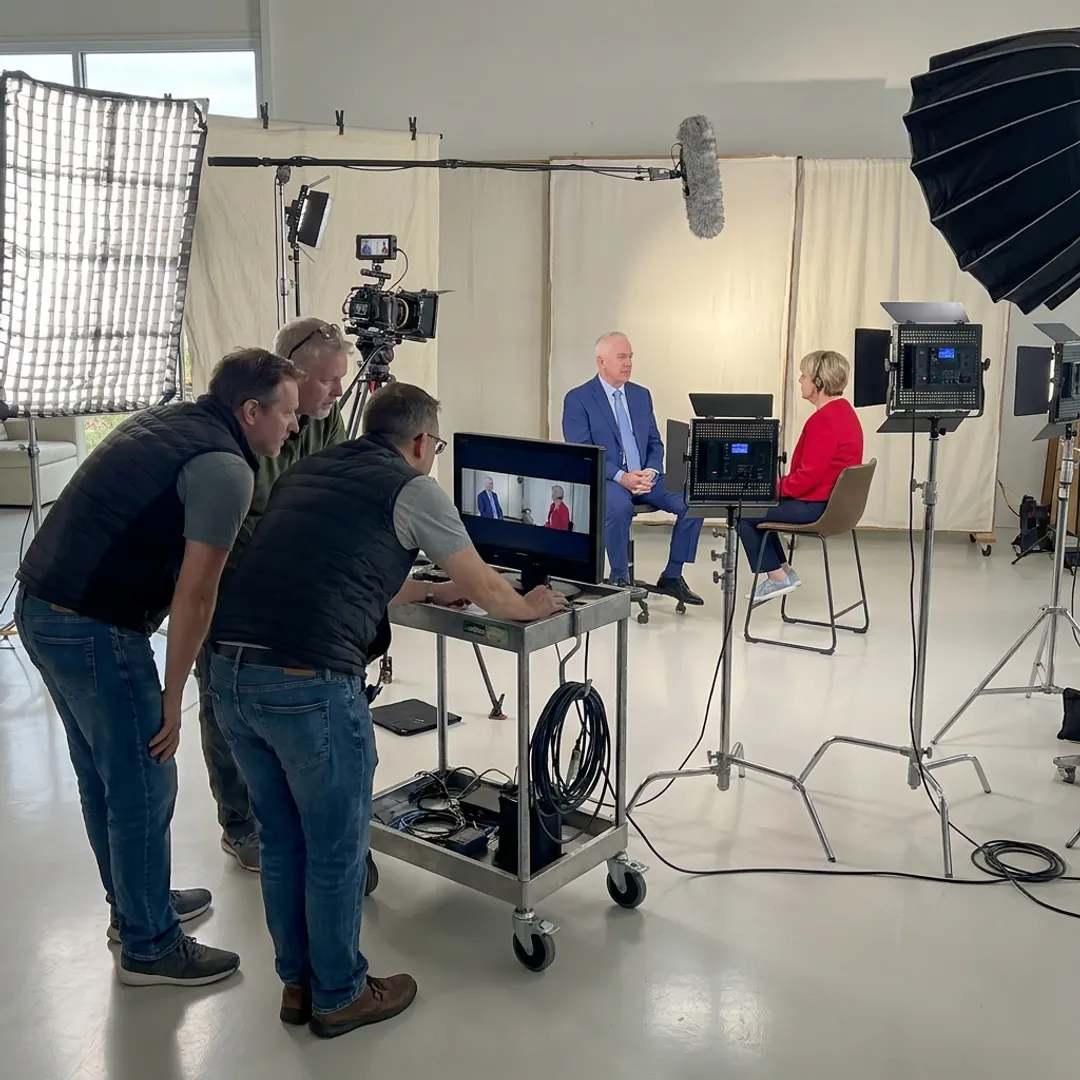 Video production team reviewing footage on set