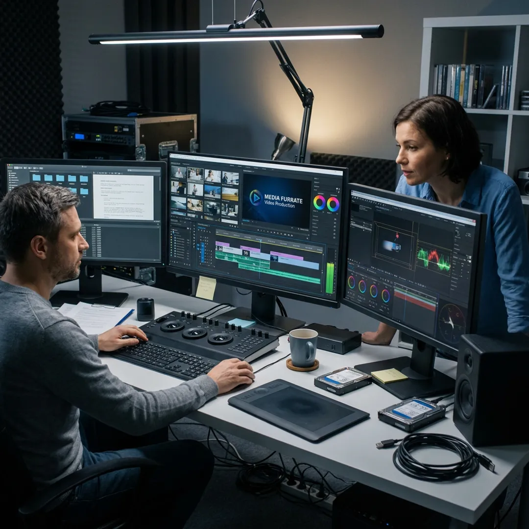 Video editor reviewing business footage in post-production