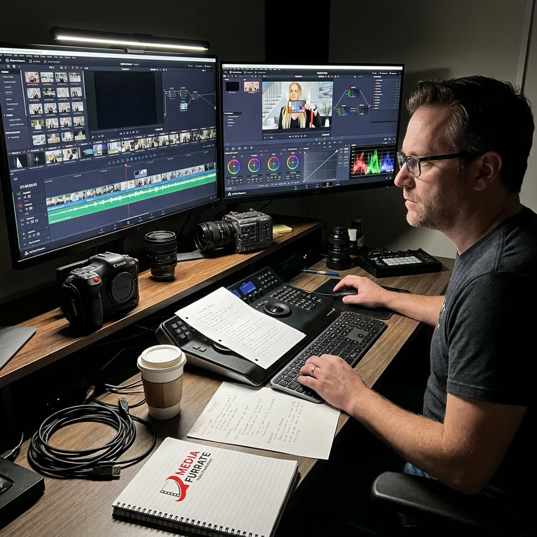 Producer reviewing video footage during editing