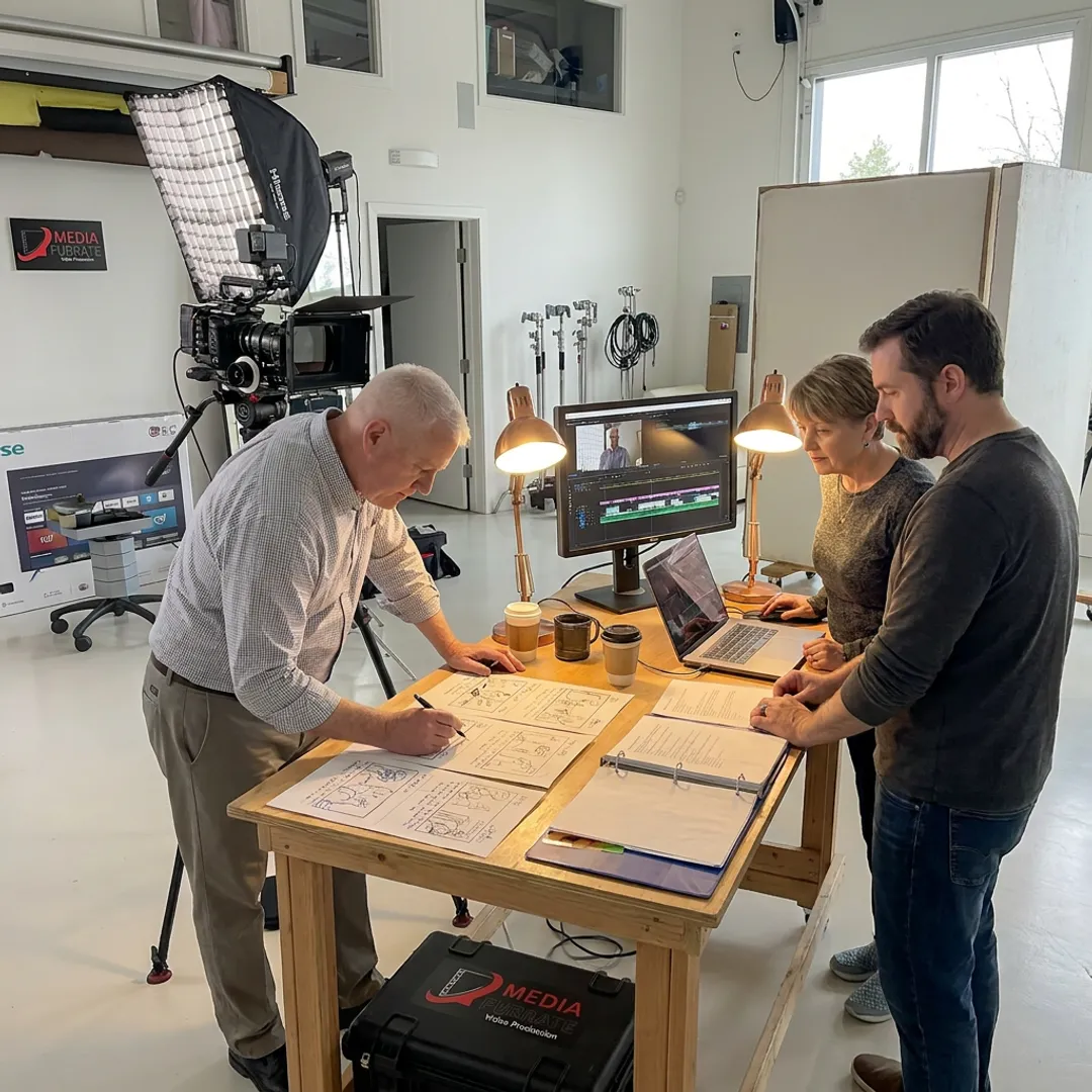 Production team planning a corporate video shoot