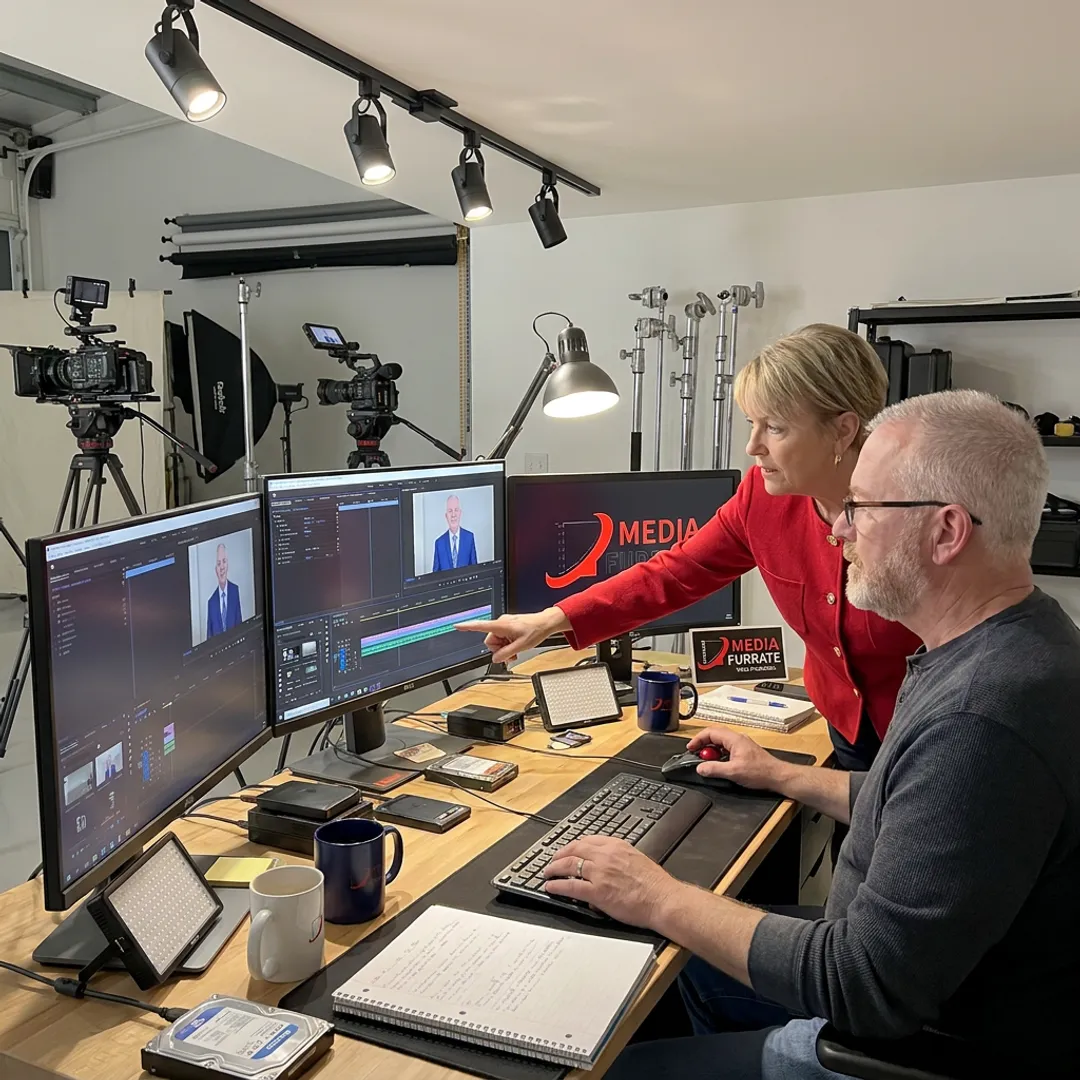 Video production team reviewing footage