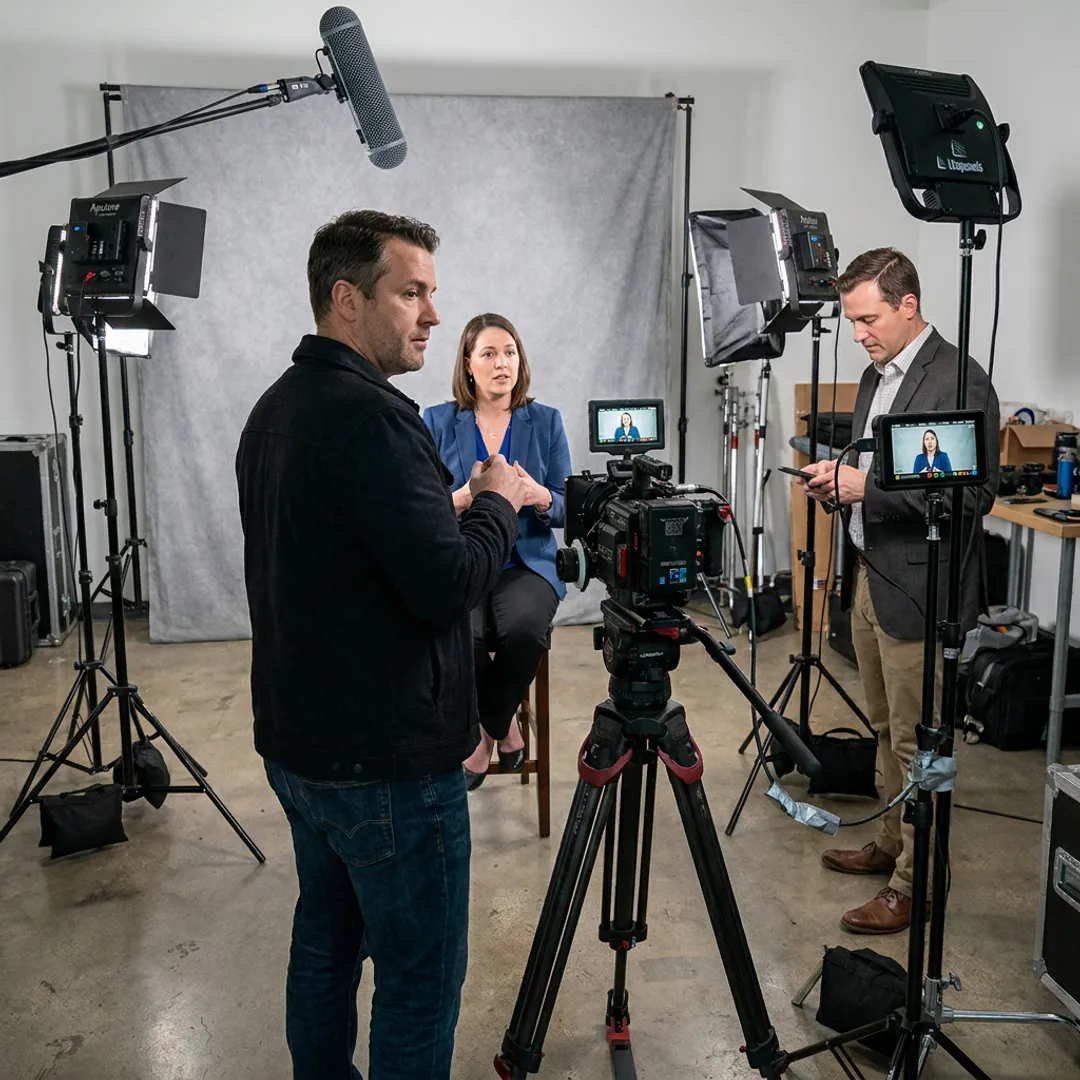 Video producer directing a corporate interview shoot