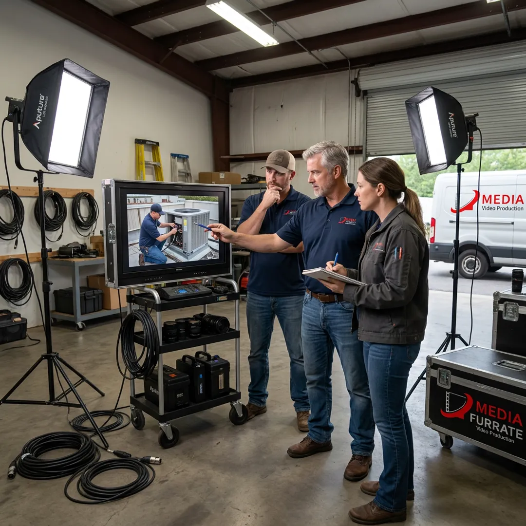 Video production team reviewing HVAC filming footage