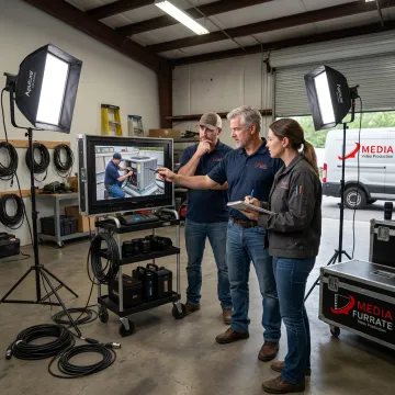 Video production team reviewing HVAC filming footage
