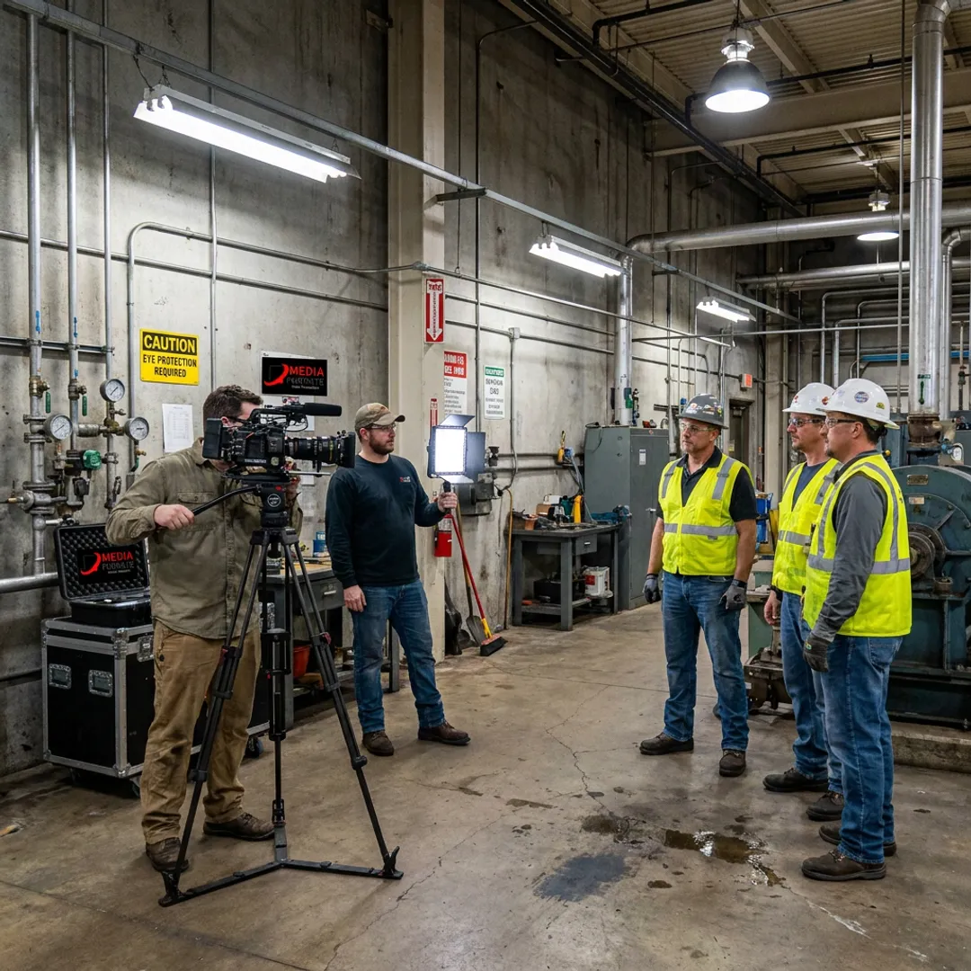Crew filming a visitor safety orientation video in an industrial facility