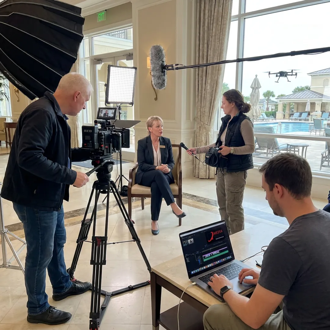 Video production team filming a hospitality brand story