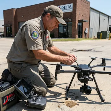 Drone pilot preparing equipment for aerial photography