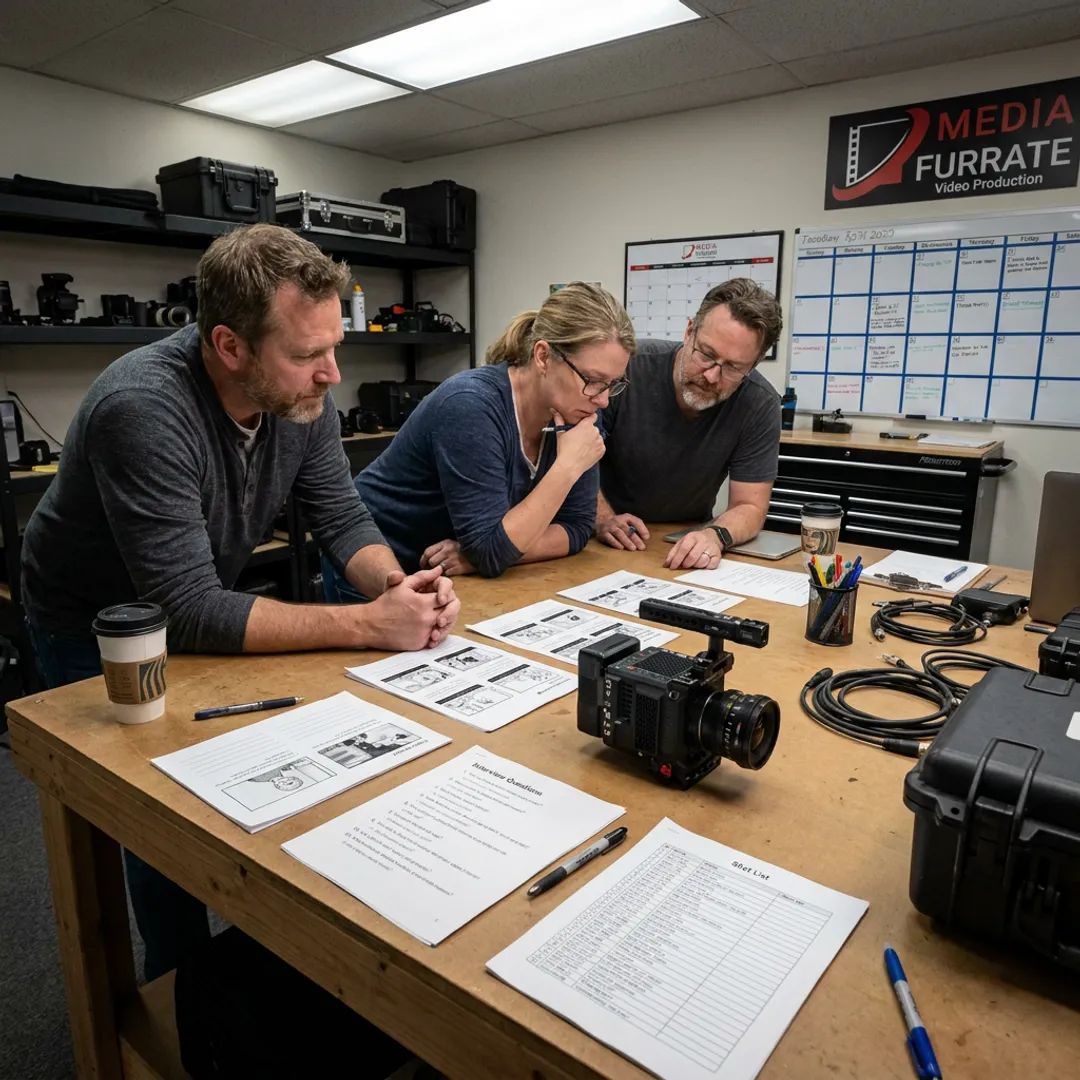 Video production team planning a corporate storytelling shoot
