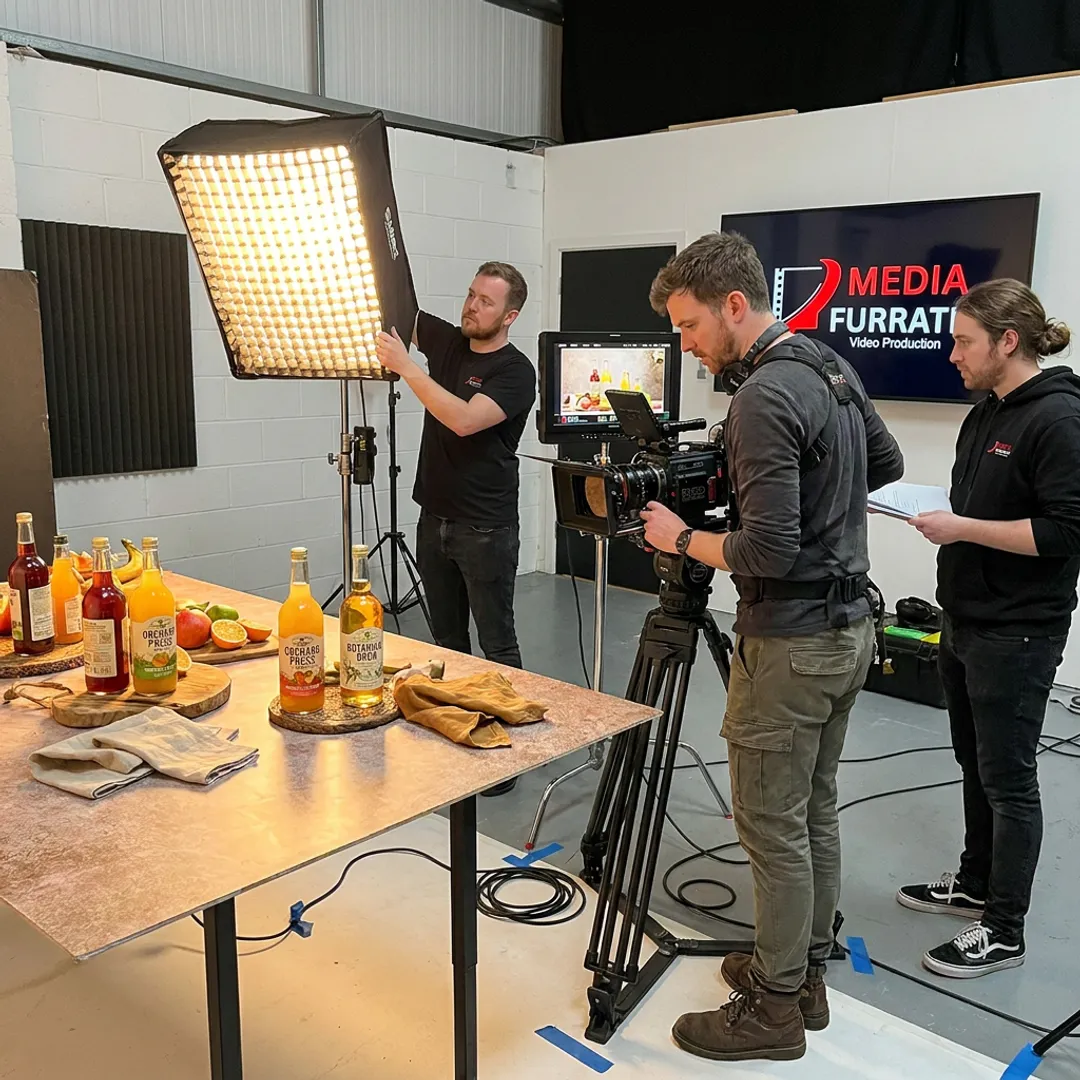 Crew filming a beverage commercial