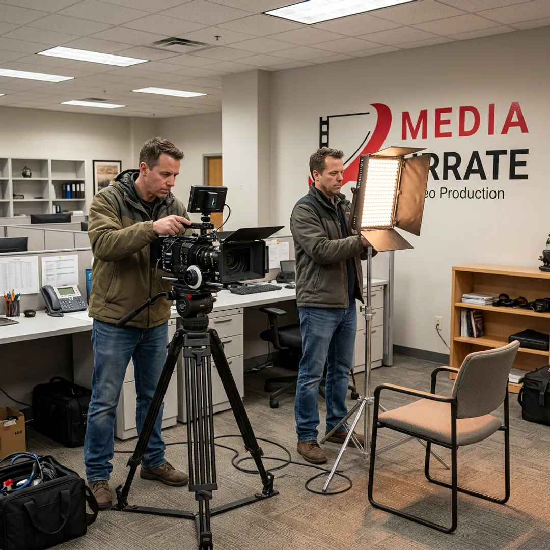 Video team preparing a testimonial interview setup