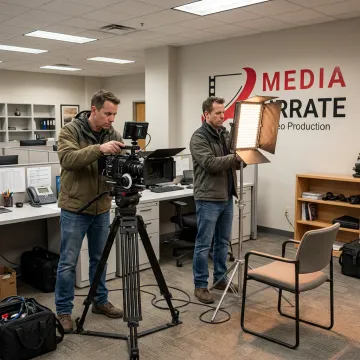 Video team preparing a testimonial interview setup