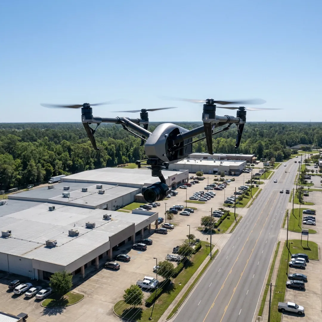 Drone filming aerial video over Pineville, Louisiana