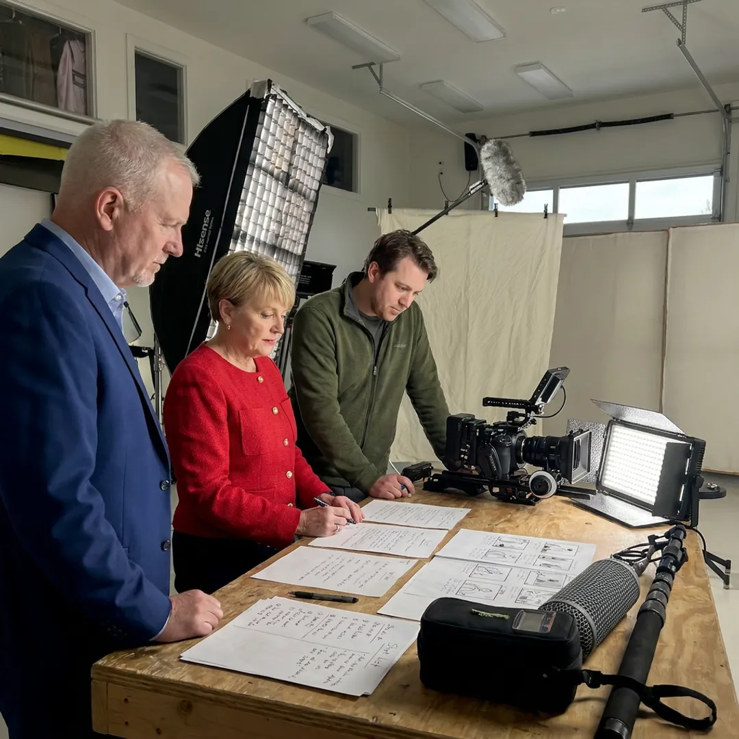 Video production team planning a small business brand story