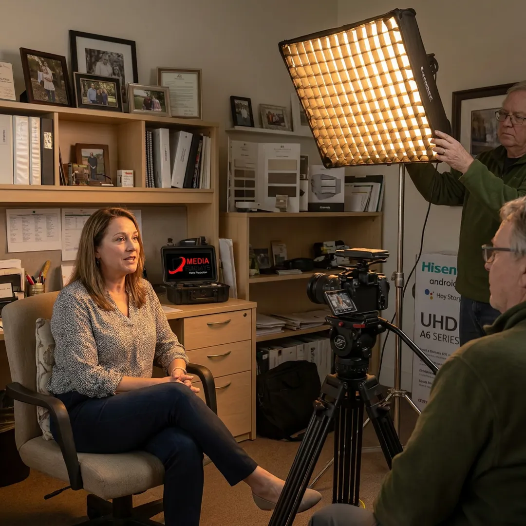 Small business owner being interviewed by a video production crew
