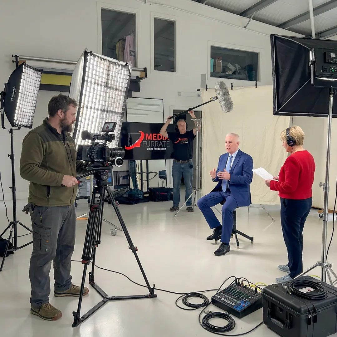 Professional video production crew filming a business interview