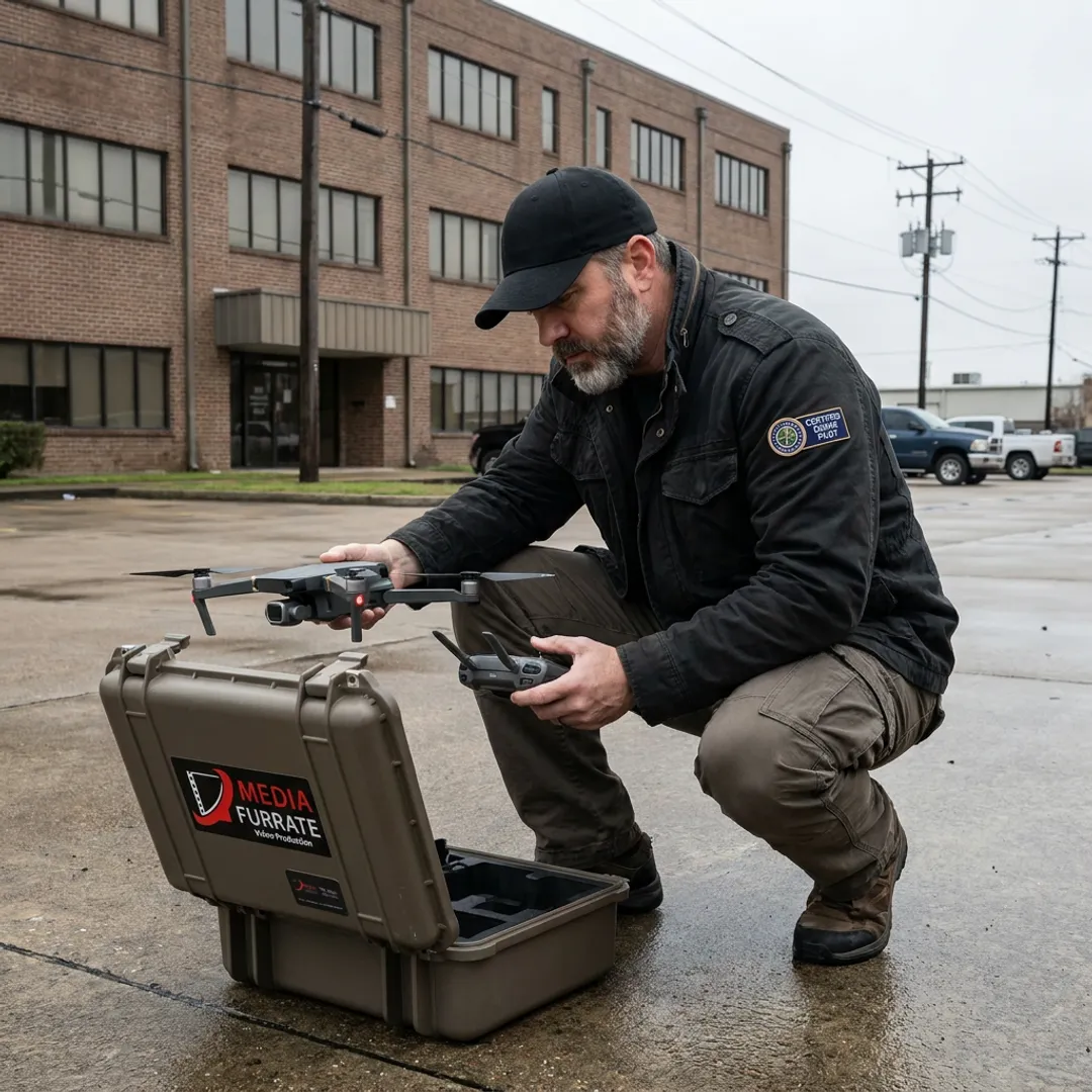 Drone pilot preparing aerial video equipment