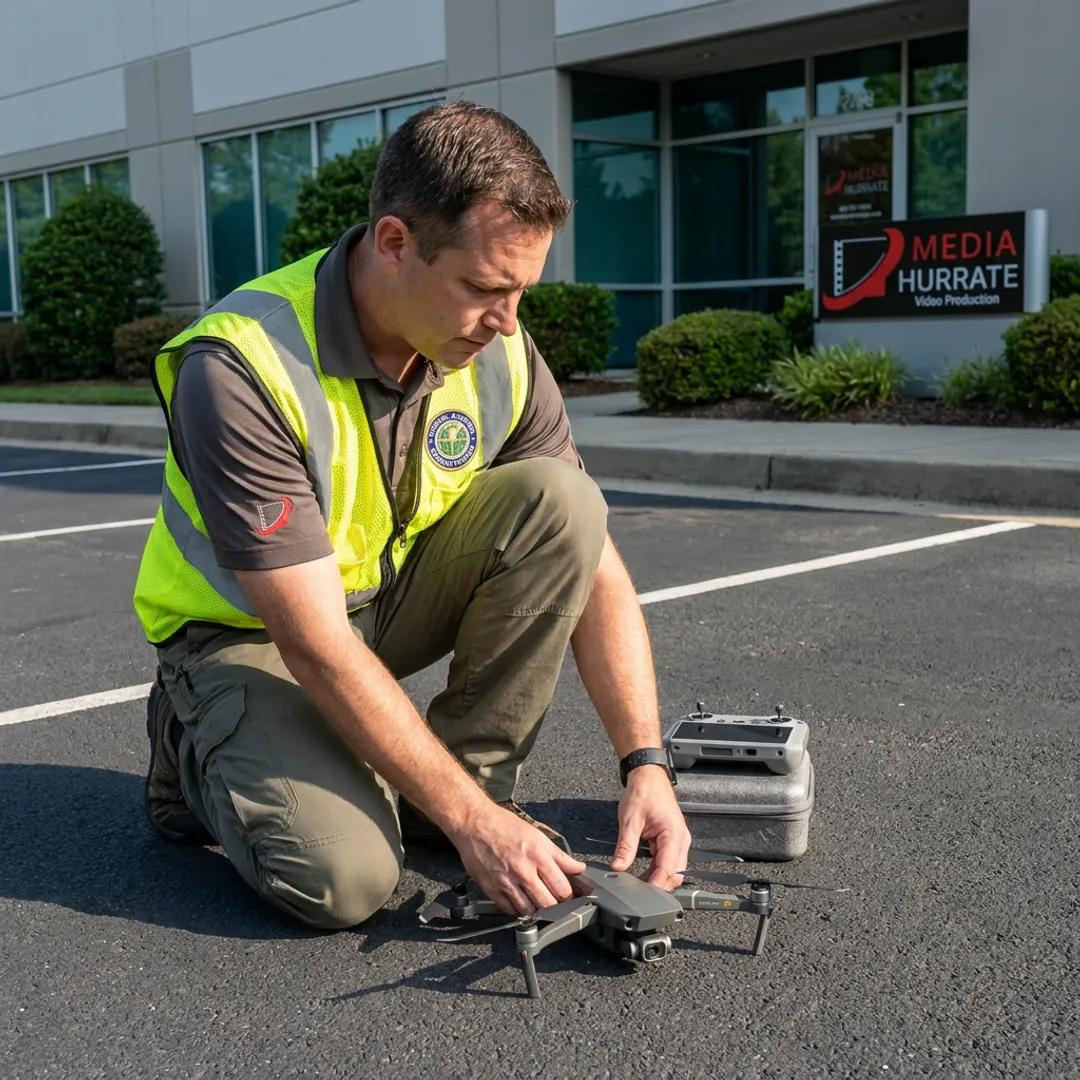 Drone pilot preparing aerial video equipment