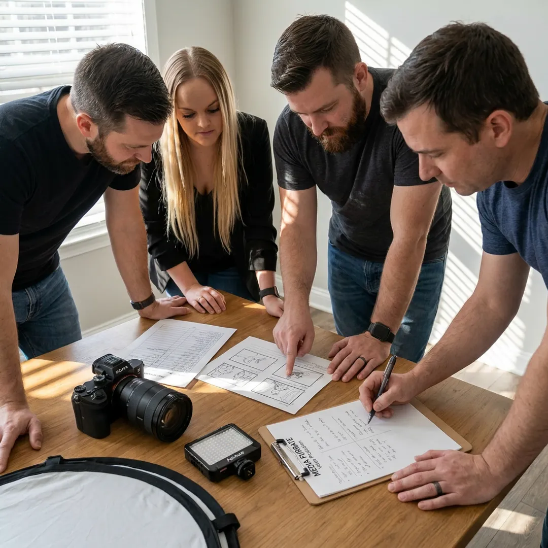 Video production team planning a small business shoot
