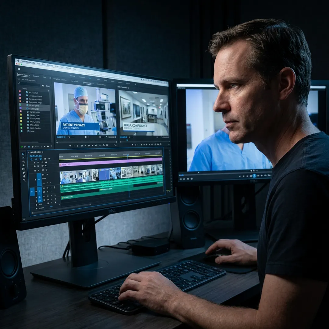 Producer reviewing healthcare training video footage during editing