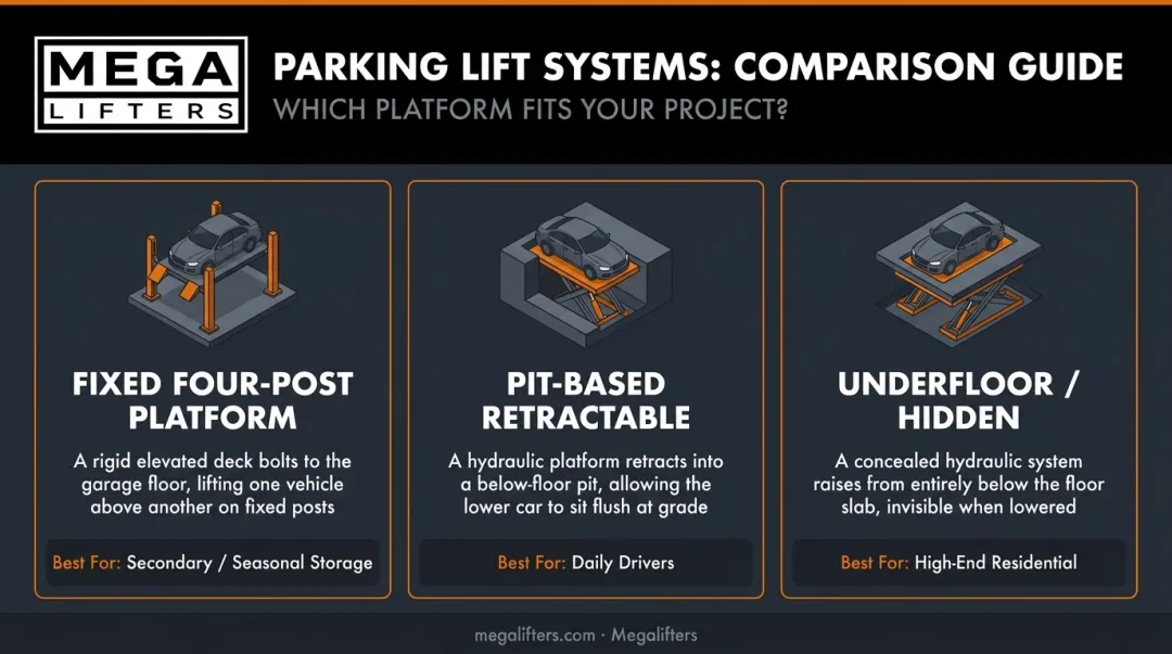 Three double-decker garage system types comparison fixed pit and underfloor