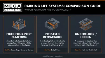Three double-decker garage system types comparison fixed pit and underfloor